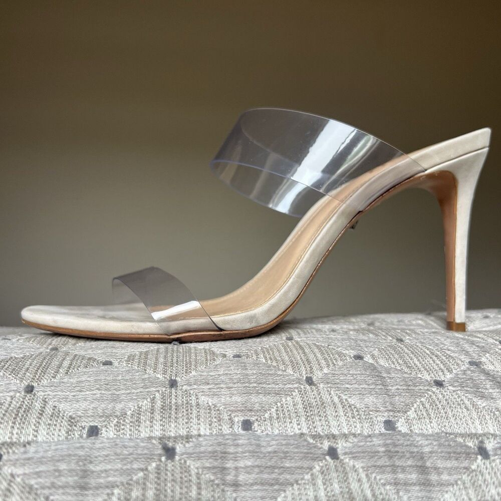 Schutz Ariella Clear Straps Heeled Sandals Beige Leather Inner Sole Women 9.5 B